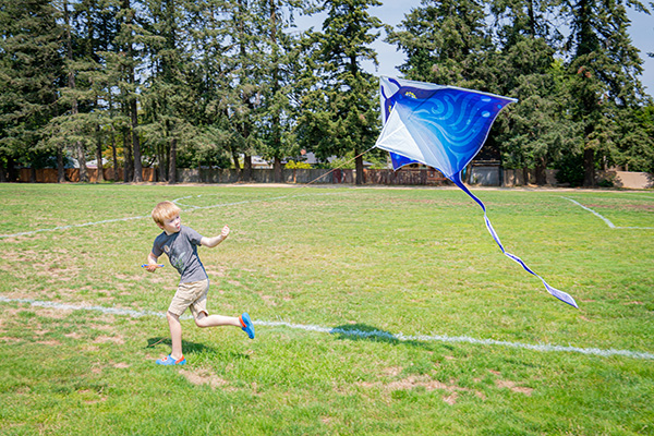 A boy running in the park flying a kite